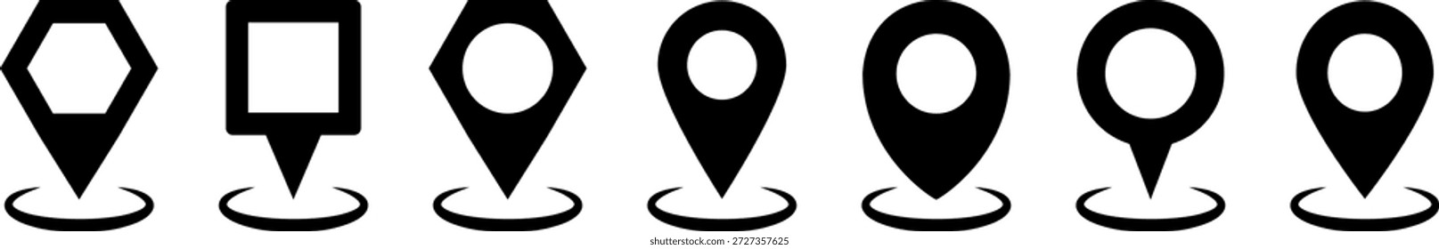 Set of Black Location Pin Icons in Various Geometric Silhouette Shapes for Navigation and Map Interface Design