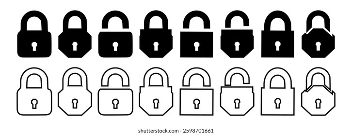 Set of Black of locked and unlocked lock on white background. Set of Silhouette of locked and unlocked padlock. Flat vector 10 eps.