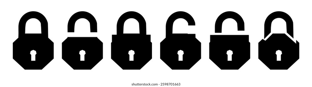 Set of Black of locked and unlocked lock on white background. Set of Silhouette of locked and unlocked padlock. Flat vector 10 eps.