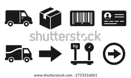 A set of black logistics and shipping icons on a white background, including a delivery truck, package, barcode, payment card, and weight symbols, representing the process of shipping and delivery in a commercial or e-commerce context.