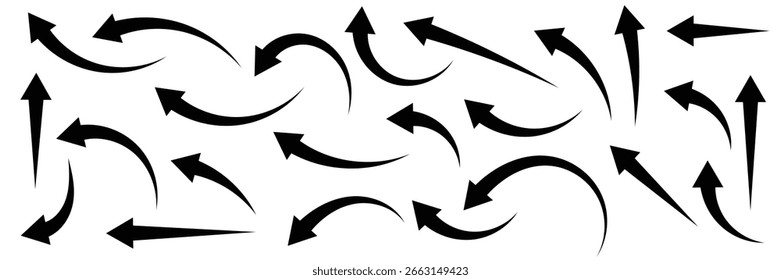 Conjunto de icono de flecha negra larga hacia arriba con diferente dirección.