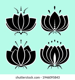 Set of black lotus silhouette with white contour and decors. Water lily icons, isolated flower symbols collection for design. Vector illustration