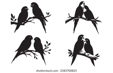 Set of Black Love Parrot Birds Silhouettes on Branches