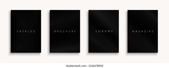 Set of black luxury covers, templates, backgrounds, placards, brochures, banners, flyers and etc. Elegant striped posters, cards, catalogs. Dark minimalistic design.