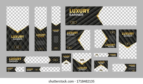 set of black luxury web banners of standard size with a place for photos. Vertical, horizontal and square template. Business ad banner