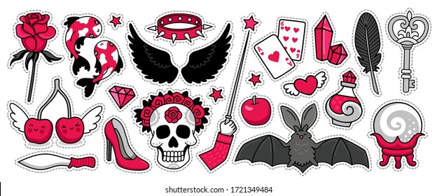 Conjunto de etiquetas mágicas negras, pines, parches, insignias. Murciélago, cráneo, adivinación, bola de cristal, rosa rojo, alas oscuras. Etiquetas de dibujos animados vectoriales.