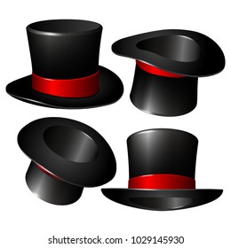 Set of black magician cylinder hats with red ribbon. Magic hats isolated on white background. Vector illustration