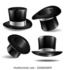 Set of black magician cylinder hats with white ribbon. Magic hats isolated on white background. Vector illustration