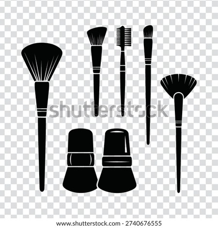 A set of black makeup brushes and compacts in silhouette style, arranged neatly, on a transparent background, perfect for beauty and cosmetics themes
