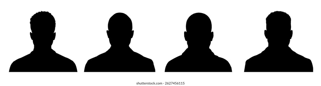 Set of black man face silhouette – front view, vector illustration