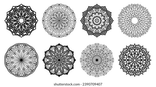 Conjunto de mandalas negras. Patrón de encaje vectorial. Ornamentos ornamentos ornamentos ornamentos. Ilustración abstracta. Colección	