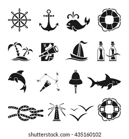 Set of black marine icons isolated on white background, nautical theme, illustration