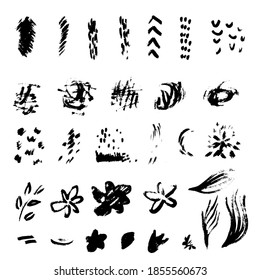 Set of black marker brush strokes, lines, flowers. Vector hand drawings with design elements for posters, logos, brushes, advertising, templates, patterns, banners, icons. White isolated background. 