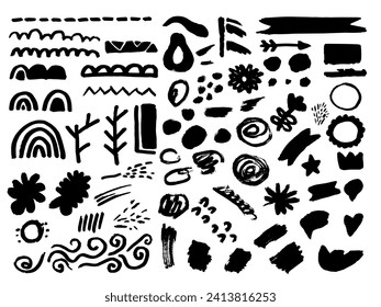 Set of black marker brush strokes, lines, flowers, spiral, rainbow, circle. Vector hand drawings with design elements for posters, logos, brushes, patterns, banners, icons. White isolated background. 