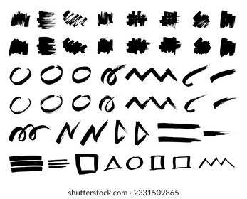 Set of black marker strokes, lines. Vector hand drawings with design elements for posters, logos, brushes, advertising, templates, patterns, banners, icons. White isolated background. Geometric shape 