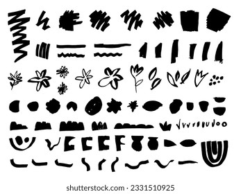 Satz von schwarzen Markerstrichen, Linien, Blumen, verlassen. Handzeichnungen mit Designelementen für Poster, Logos, Pinsel, Werbung, Vorlagen, Muster, Banner, Symbole. Weißer, isolierter Hintergrund. 