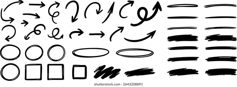 Set of black marker-style arrows, circles, squares, and highlighter strokes. Ideal for infographics, notes, or web annotations. Isolated on transparent background. Vector EPS 10