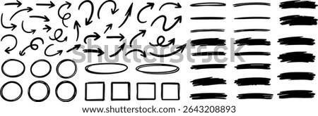 Set of black marker-style arrows, circles, squares, and highlighter strokes. Ideal for infographics, notes, or web annotations. Isolated on transparent background. Vector EPS 10