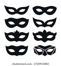Eine Reihe schwarzer Maskeraden-Masken auf einfarbigem, weißem Hintergrund, perfekt für die Verwendung in Designs, die mit Festivals, Partys und Aufführungen zu tun haben. Die Masken haben verschiedene Formen und Designs, von einfach bis kompliziert, und sind oft mit Geheimnis, Anonymität und Feiern verbunden.