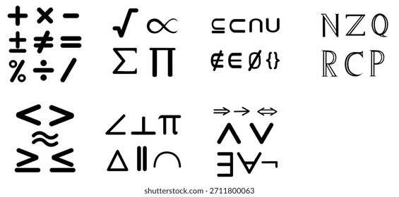 Conjunto de símbolos matemáticos negros que incluyen más, menos, multiplicar, dividir, igual, mayor que, menor que, raíz cuadrada, porcentaje, infinito y paréntesis en estilo de Vector limpio.