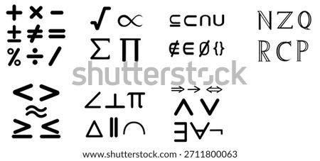 Set of black math symbols including plus, minus, multiply, divide, equal, greater than, less than, square root, percent, infinity, and parentheses in clean vector style.