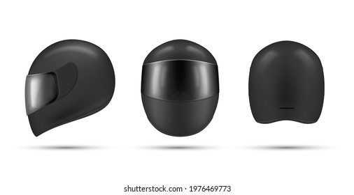 Set black matt motorcycle helmet with glass visor vector illustration isometric style. Collection of front back and side view of protective head equipment for extreme driving sports isolated on white