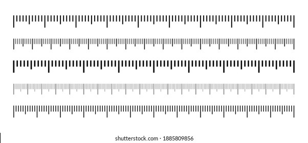 Set of black measuring scale. Marking for the ruler in centimeters and inches. Scale for rulers. Marks for tape measure and thermometer scale. Measuring tool. Size indicators.