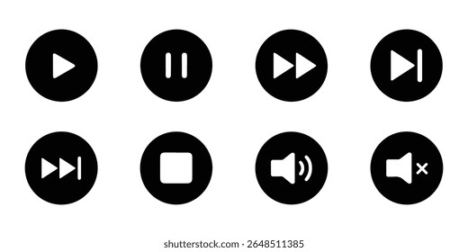 A set of black media player control icons on a white background