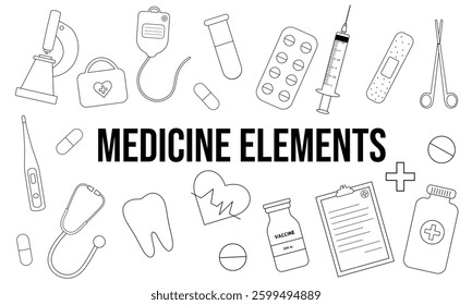 Set of black medical elements, medical icons