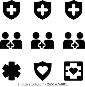 a set of black medical icons arranged in a grid featuring shields with crosses, people with plus signs, a star, and a heart, all representing health and care services