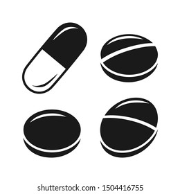 Set of black medical icons of capsule and pills. Vector illustration in flat style isolated over white background.