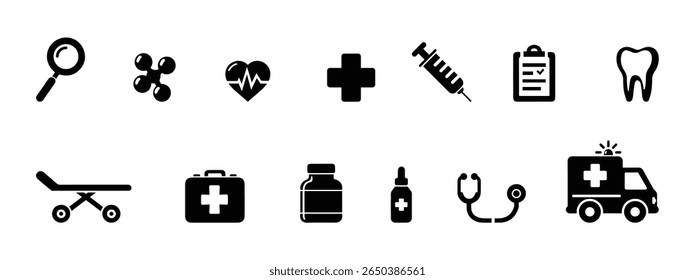 Set of black medical icons on white background. Simple flat vector healthcare symbols including hospital equipment, doctor tools and pharmacy items. Perfect for medical presentations and health apps