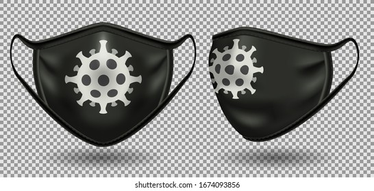 Set black medical mask with a symbol of coronavirus. Front view. To protect against infection and polluted air. 3D realistic illustration. Isolated on transparent background, vector.