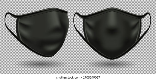 Set black medical mask with a symbol of coronavirus covid-19.  To protect against infection and polluted air. 3D realistic illustration. Isolated on transparent background, vector.