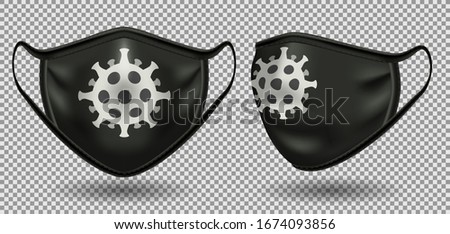 Set black medical mask with a symbol of coronavirus. Front view. To protect against infection and polluted air. 3D realistic illustration. Isolated on transparent background, vector.