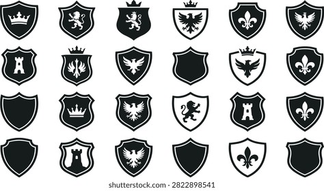 Set of black medieval heraldic shields with crowns, eagles, lions, fleur-de-lis, and castle crest icons isolated on white background
