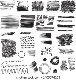 Set of black medium liner strokes, lines. Grunge vector hand drawings with design elements for posters, logos, brushes, advertising, templates, patterns, banners, icons. White isolated background. 