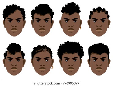 Set of black men with curly hair and different hairstyles. Vector illustration.