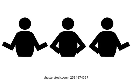 Set of black men on white background, icon of person asking question, symbol of person who put his hands on his hips