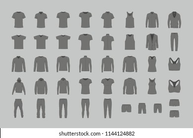 Set of black men's and women’s clothes. flat style. isolated on gray background