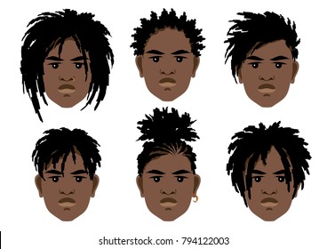 Set black men's with dreadlocks. Vector illustration.