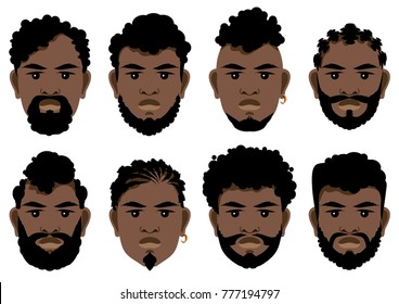 Set of black men's faces with different hairstyles, beards and mustache .  Vector illustration.