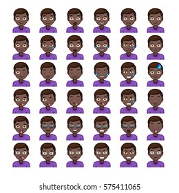 Set of Black Men's Realistic Emoticons. Set of Human Emojis. Smile icons. Isolated vector illustration on white background