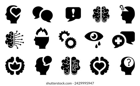 Set of black mental or psychology icons. Mental health icons. Anxiety, stress, psychology, brain icons