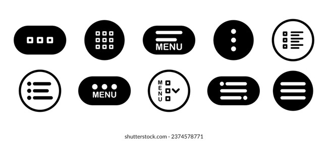 Set of black menu buttons for website UI navigation. Hamburger web and mobile app menu icons. Burger menu UI design elements button. Set of modern navigation buttons or Web menu and ui icons set