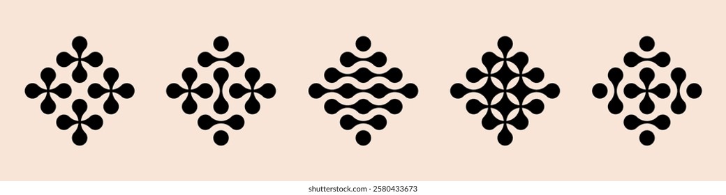 Set black metaballs isolated on a beige background. Modern contemporary geometric shapes and elements. Vector illustration