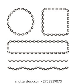 Set of black metal chain frames and lines including circle, square, and rectangle shapes. Flat vector illustration of heavy duty links for industrial, security, and border design elements.