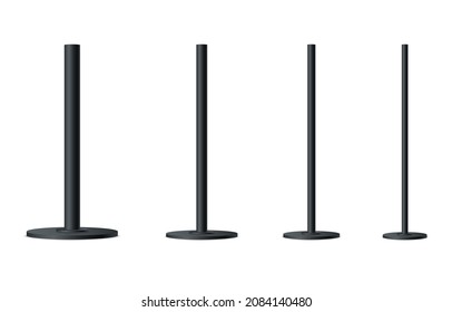 Set of black metal poles with different diameters. Realistic detailed 3d metal columns. Steel pipes. Template design for urban advertising banners, billboard, streetlight. Vector illustration