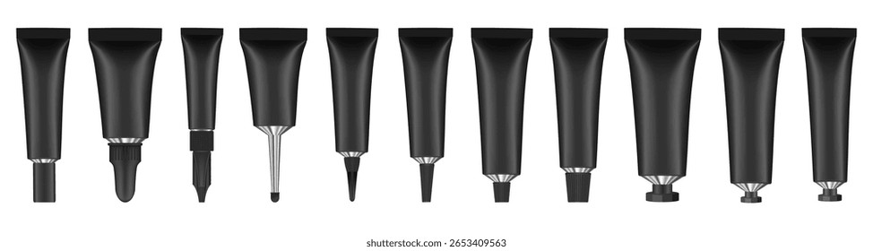 Conjunto de tubos de metal preto. Montagem realista. Tubo longo do bocal para pomada ou salve. Gel ou soro. Embalagem cosmética coreana. Creme de dente ou creme para as mãos