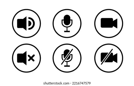 Ajuste los iconos negros de micrófono, cámara y vector de altavoz. sobre un fondo blanco.